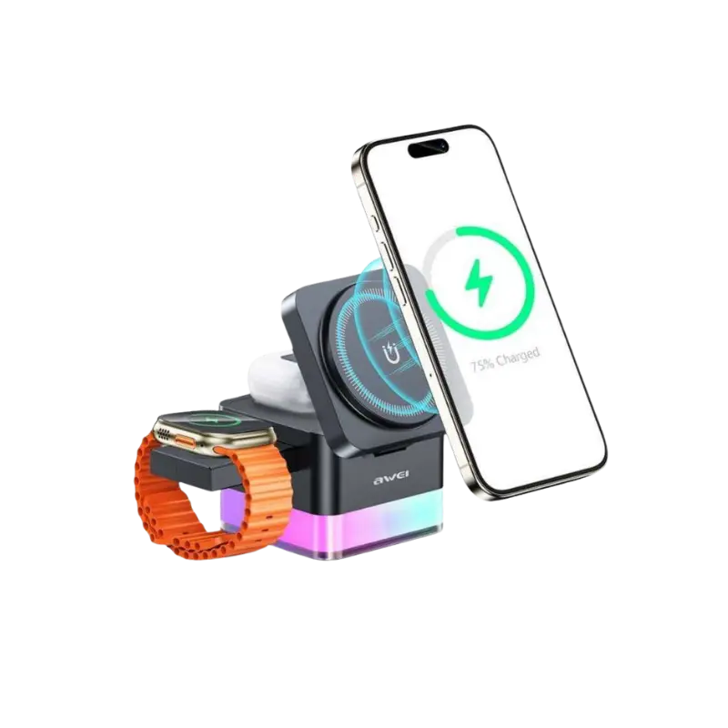 Awei W25 3 in 1 Desktop Charger Magnetic Wireless Charger with RGB Light